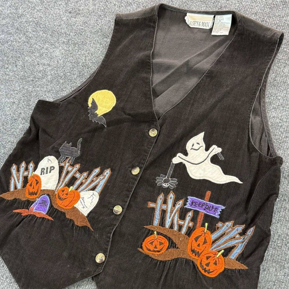 VTG Casey & Max Halloween Vest Black Corduroy Ghost Pumpkin Bats Womens Size Med